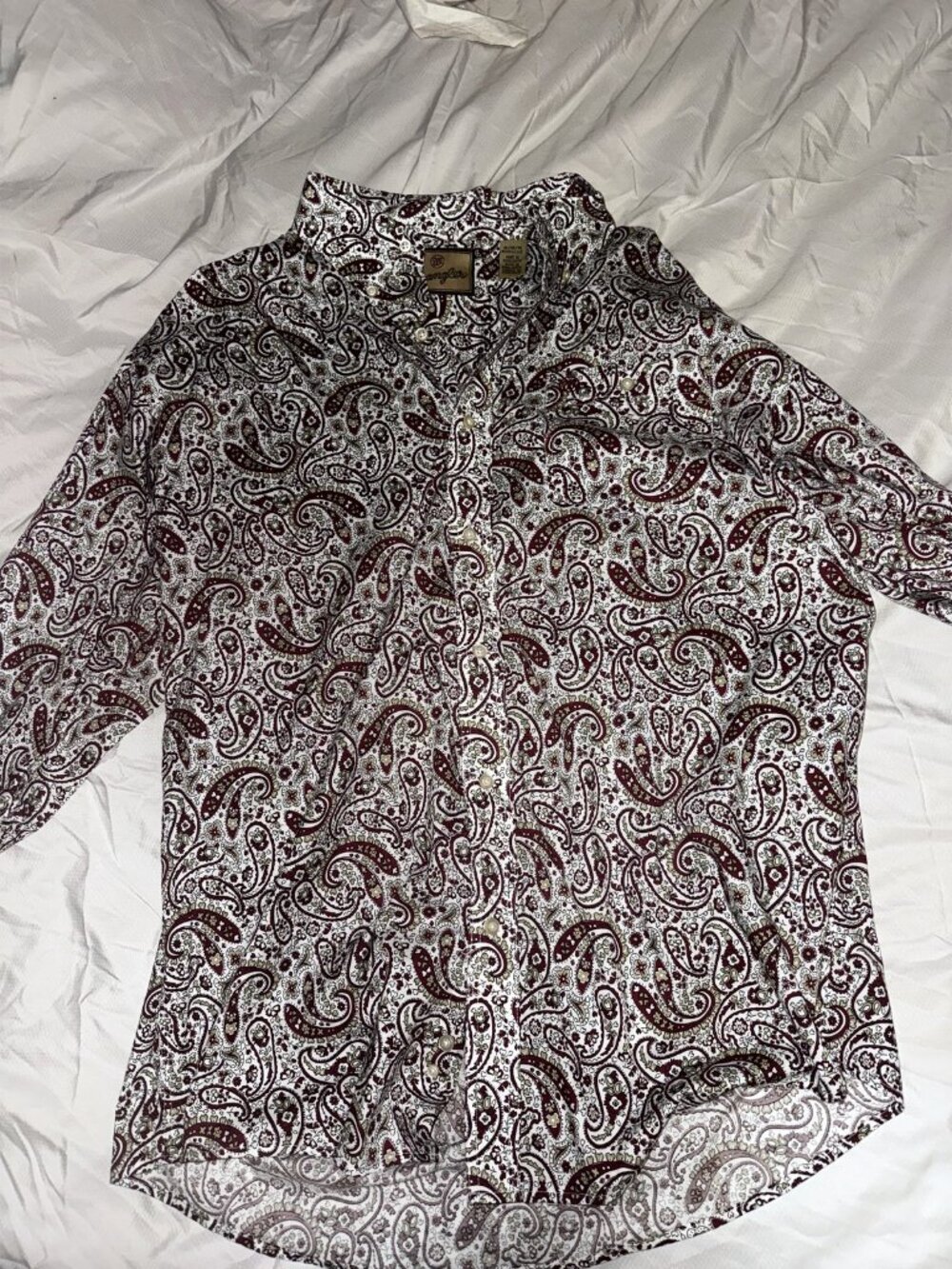 Wrangler Mens XL Long Sleeve Western Shirt White Maroon Paisley Cowboy Regular